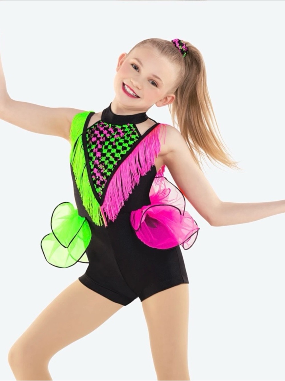 Ballroom Blitz: Girls Black Dance Costume with Neon Pink & Green Fringe